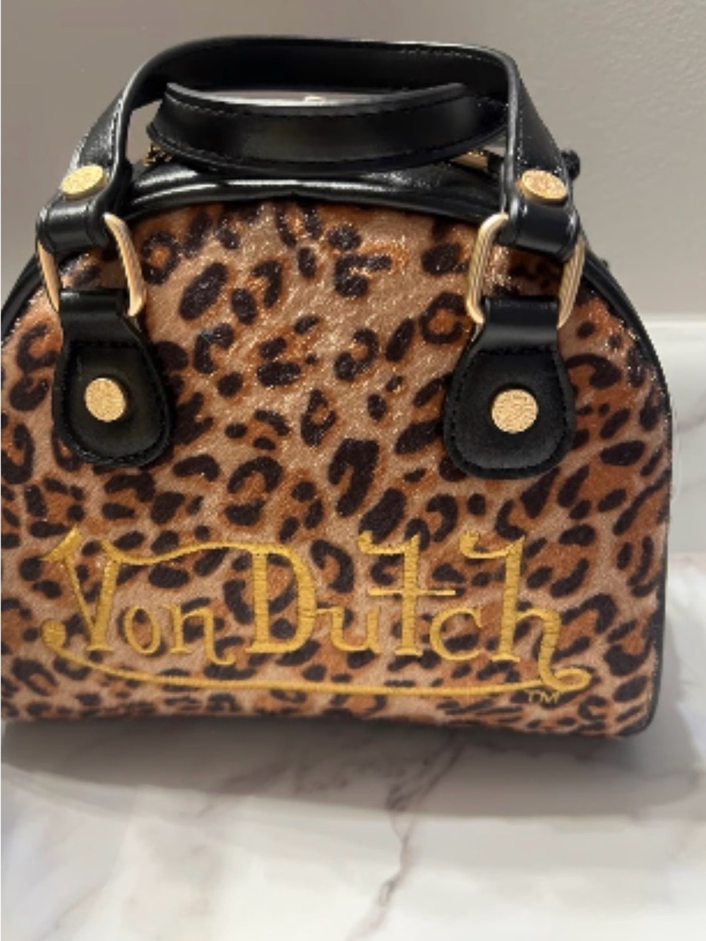 Von Dutch Leopard Mini Dome Bag in Brown, Black and Gold